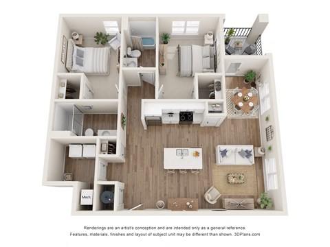 Floor plan for 2 beds, 2 baths, 1081 sqft